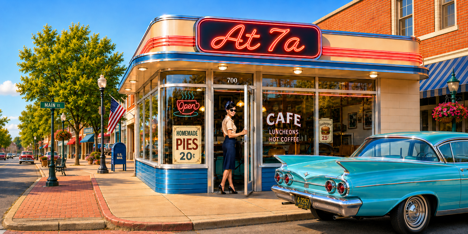 Sunlit retro corner cafe on Main Street with an At7a neon sign and an aqua 1961 Impala parked out front